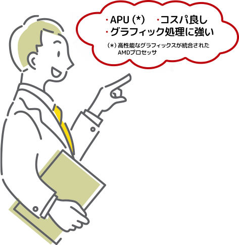 ・APU(*) ・コスパ良し・グラフィック処理に強い(*)高性能なグラフィックスが統合されたAMDプロセッサ