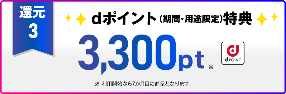 【還元3】dポイント(期間・用途限定)特典 3,300pt※利用開始から7か月目に進呈となります。