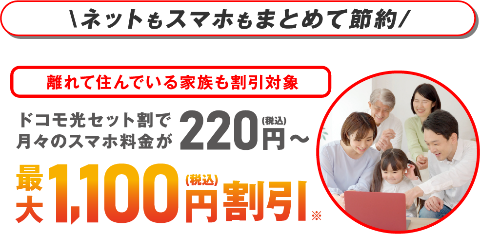 ネットもスマホもまとめて節約 離れて住んでいる家族も割引対象 ドコモ光セット割で月々のスマホ料金が220円(税込)〜 最大1,100円(税込)割引