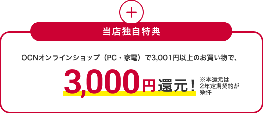 【当店独自特典】OCN オンラインショップ（PC・家電）で3,001円以上のお買物で3,000円還元