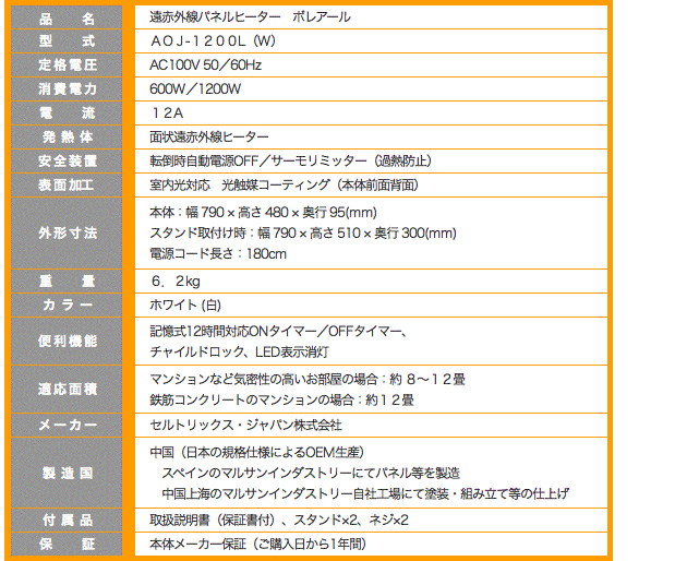 セルトリックス・ジャパン 遠赤外線パネルヒーター ボレアール AOJ-1200L - NTT-X Store