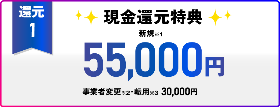 【還元1】現金還元特典 新規※1 55,000円 事業者変更※2・転用※3 30,000円