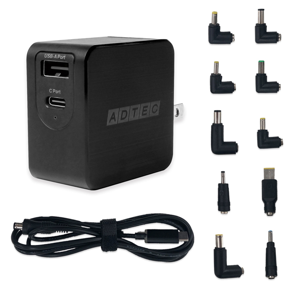 Power Delivery対応 GaN AC充電器/65W/USB Type-A 1ポート Type-C 1ポート/ブラック & マルチプラグケーブルセット