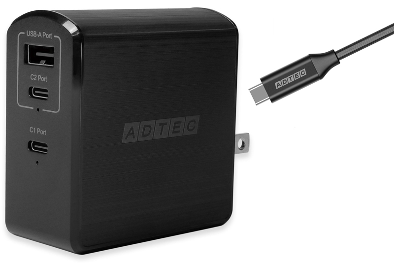 Power Delivery対応 GaN AC充電器/105W/USB Type-A 1ポート Type-C 2ポート/ブラック & Type-C to Cケーブルセット