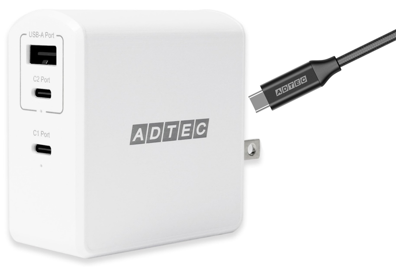 Power Delivery対応 GaN AC充電器/105W/USB Type-A 1ポート Type-C 2ポート/ホワイト & Type-C to Cケーブルセット