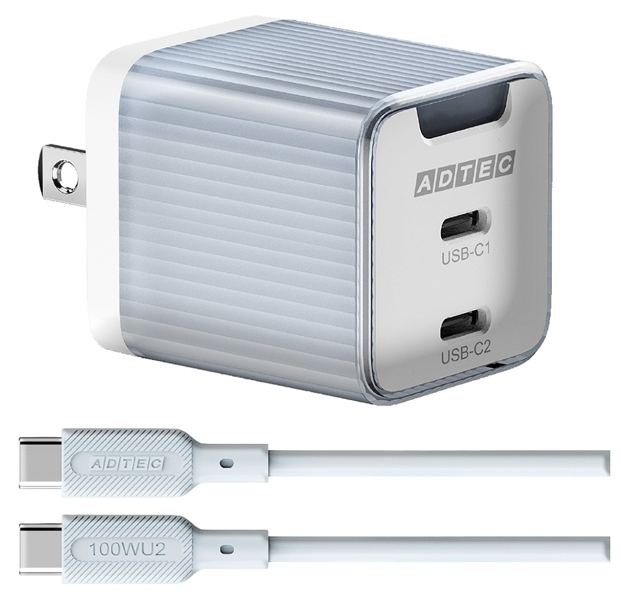 PD対応 AC充電器/GaN/45W/USB Type-C 2ポート/ブルー＆Type-C to Cケーブルセット