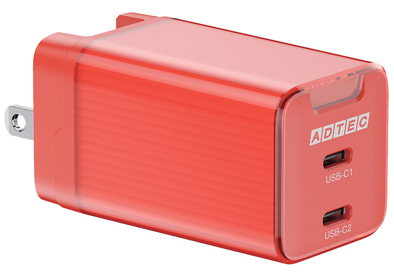 PD対応 AC充電器/GaN/65W/USB Type-C 2ポート/レッド
