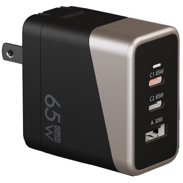 65W 3ポート PD3.0対応 折り畳み式電源プラグ GaN搭載急速充電器
