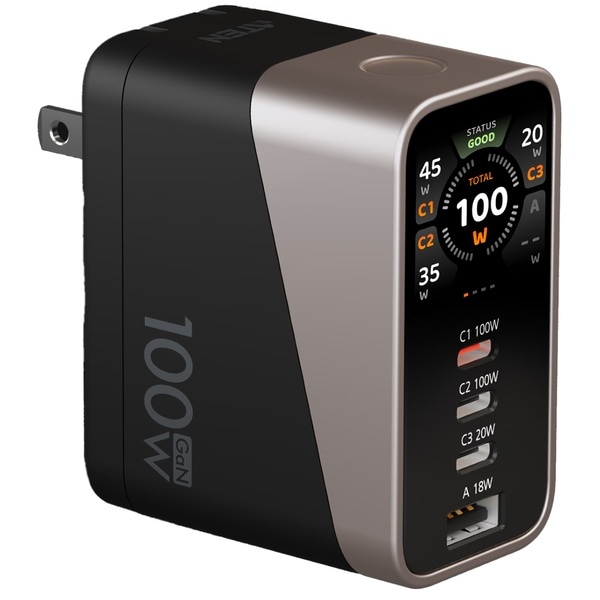 100W 4ポート PD3.0対応 折り畳み式電源プラグ スマートディスプレイ搭載急速充電器 (急速充電対応USBケーブル1本同梱)