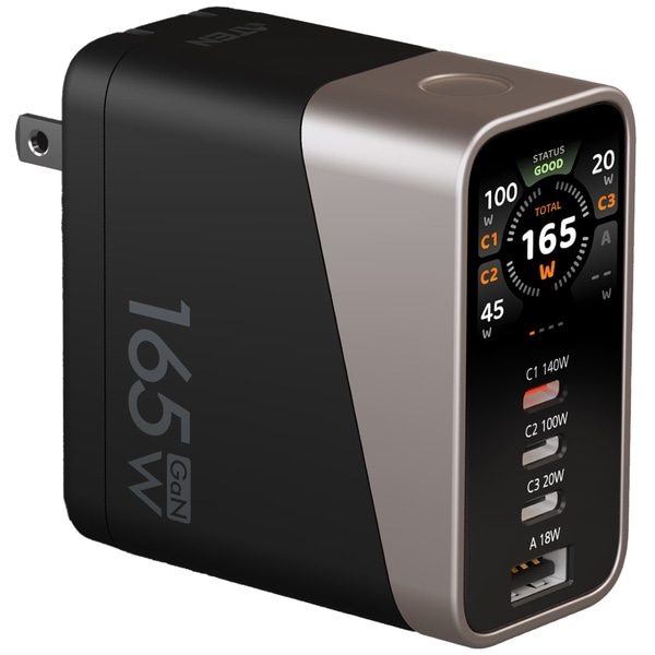 165W 4ポート PD3.1対応 折り畳み式電源プラグ スマートディスプレイ搭載急速充電器 (急速充電対応USBケーブル1本同梱)