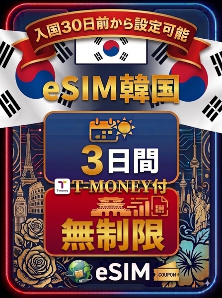 韓国3日間データ無制限電話番号T-Money付き