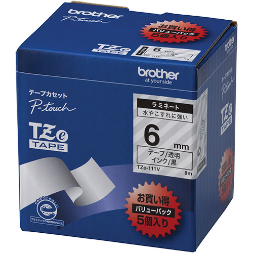 【ブラザー純正】ピータッチ ラミネートテープ TZe-111V 幅6mm (黒文字/透明/お得5本パック)