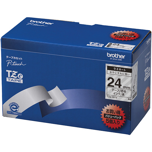 【ブラザー純正】ピータッチ ラミネートテープ TZe-151V 幅24mm (黒文字/透明/お得5本パック)