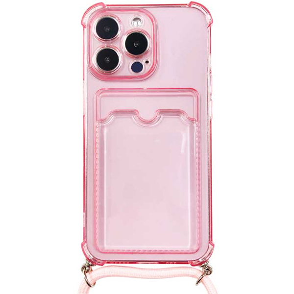 iPhone 13 Pro対応 クリア（ピンク）ケース/ロングストラップ/カードポケット付