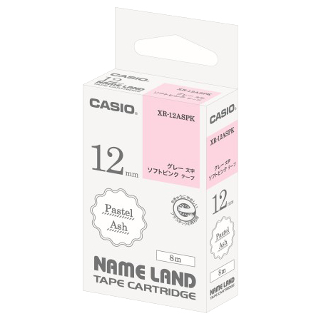 ネームランド用パステルアッシュテープ 12mm ソフトピンク/グレー文字