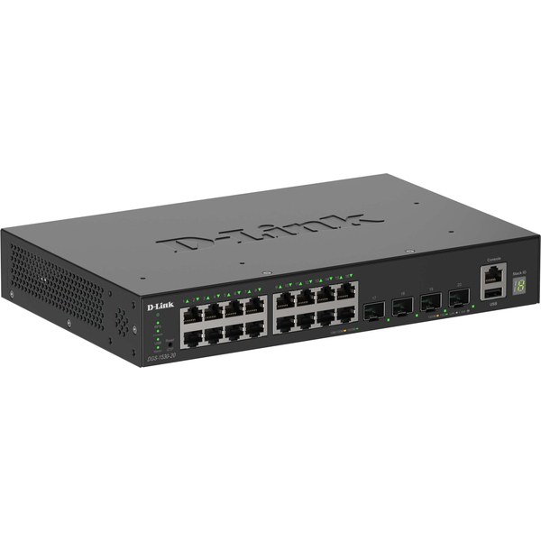 DGS-1530-20 ギガビットL2スタッカブルスマートマネージドスイッチ、10/100/1000BASE-Tポート×16、10G SFP+スロット×4、ファンレス、リミテッドライフタイム保証対象