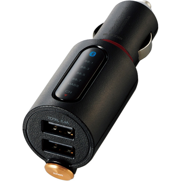 FMトランスミッター/Bluetooth/USB2ポート付/3.4A/おまかせ充電/重低音モード付/4チャンネル/ブラック