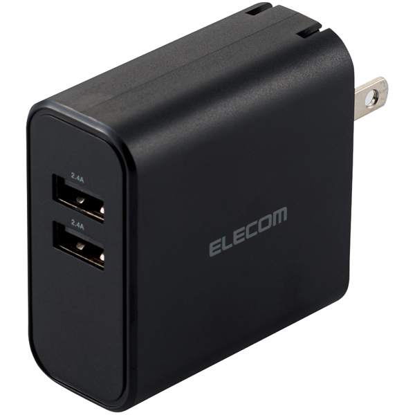 スマートフォン・タブレット用AC充電器/4.8A出力/USB-Aメス2ポート/おまかせ充電搭載/ブラック