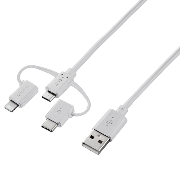 スマートフォン用USBケーブル/3in1/microUSB+Type-C+Lightning/1.2m/ホワイト