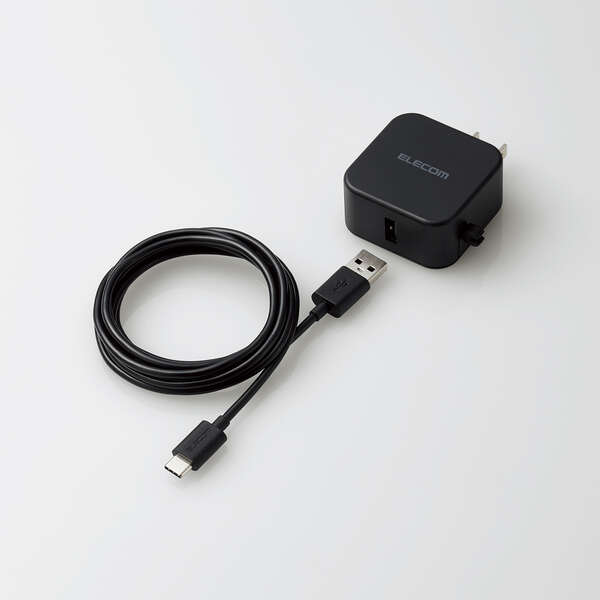 AC充電器/スマホ・タブレット用/2.4A出力/Type-C/USB-C/ケーブル同梱/1.5m/USB-Aメス1ポート/おまかせ充電搭載/ブラック