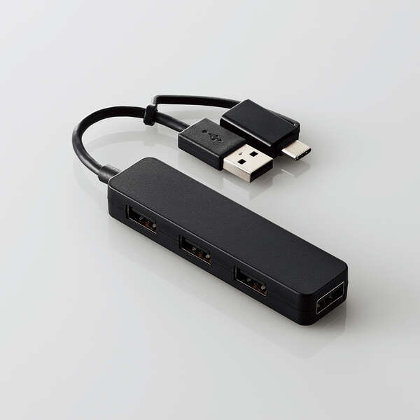 USB HUB2.0/Type-C変換アダプタ付き/カラフルモデル/バスパワー/4ポート/ブラック