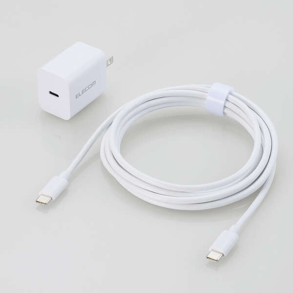 AC充電器/スマホ・タブレット用/USB Power Delivery/20W/USB-C1ポート/C-Cケーブル付属/2.5m/ホワイト
