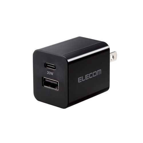 AC充電器/USB充電器/スマホ・タブレット用/USB PD対応/20W/USB-C/USB-A/スイングプラグ/ブラック