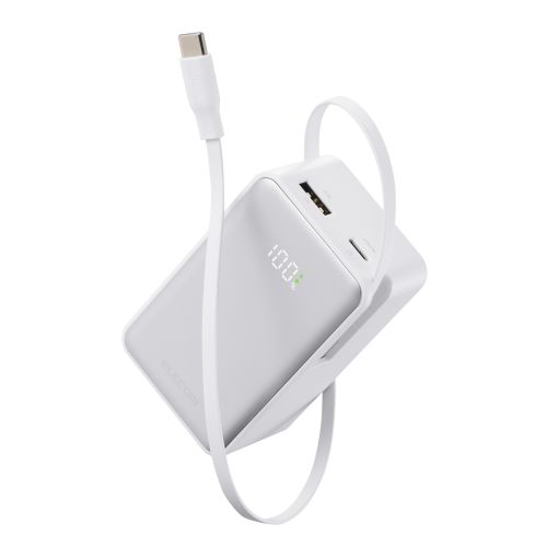 モバイルバッテリー/リチウムイオン電池/巻取り式USB-Cケーブル一体/残量表示/45W/10000mAh/USB-C/USB-A/ホワイト