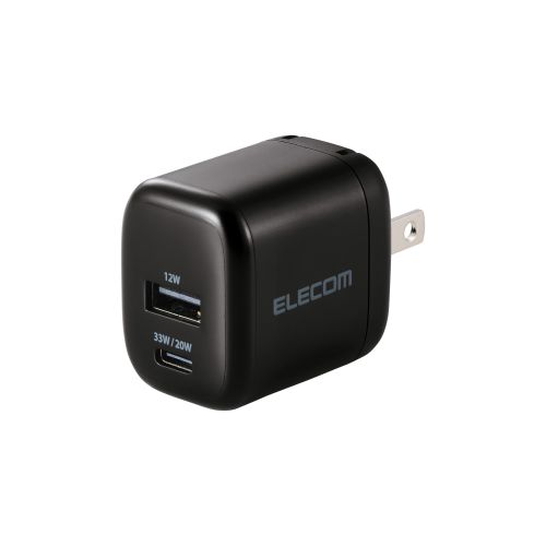 AC充電器/スマホ・タブレット用/USB PD/33W/USB-C/USB-A/スイングプラグ/ブラック