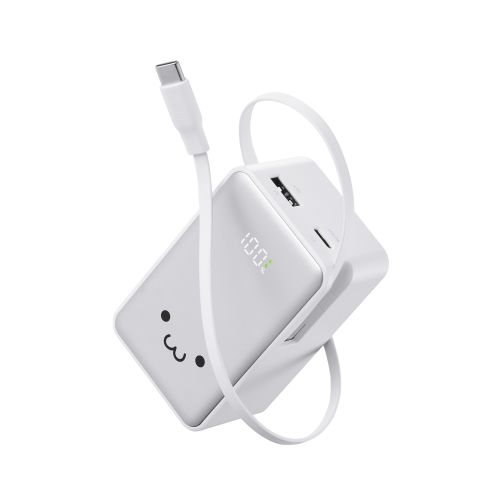 モバイルバッテリー/リチウムイオン電池/巻取り式ケーブル一体/残量表示/35W/10000mAh/USB-Cケーブル/USB-C/USB-A/しろちゃん
