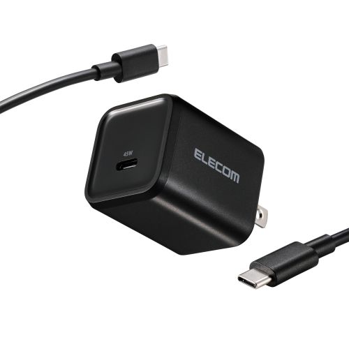 AC充電器/USB充電器/USB Power Delivery対応/45W/Type-C×1/スイングプラグ/C-Cケーブル付属/1.5m/ブラック