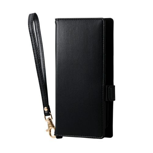 スマートフォン用マルチケース/合成皮革/横開き式/手帳型/UltraSlim/薄型/磁石付き/ハンドストラップ付/カードポケット4つ付/Lサイズ/ブラック