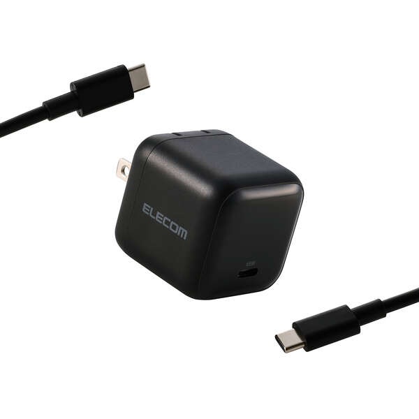AC充電器/スマホ・タブレット用/USB PD/65W/USB-C/USB-Cケーブル付属/1.5m/スイングプラグ/ブラック