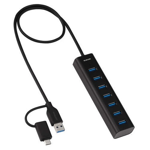 USB HUB/USB-C変換アダプタ/5Gpbs/USB-A×7/セルフパワー/7ポート/ブラック