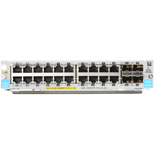HPE Aruba Networking 20-port 10/100/1000BASE-T PoE+ / 4-port 1G/10GbE SFP+ MACsec v3 zl2 Module