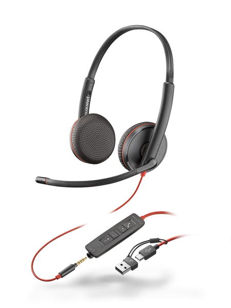 Poly Blackwire 3225 USB-C+USB-A 変換アダプタ付 両耳 有線モデル ノイズキャンセリングマイク搭載 レザレットイヤークッション 3.5mmジャック対応