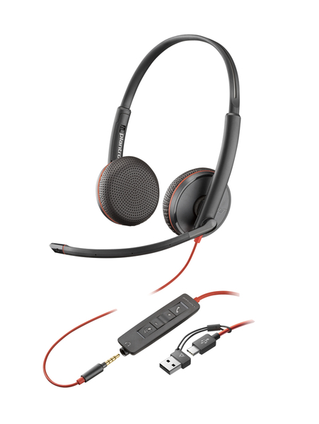 Poly Blackwire 3225 USB-C+USB-A 変換アダプタ付 両耳 有線モデル ノイズキャンセリングマイク搭載 レザレットイヤークッション 3.5mmジャック対応 バルクモデル