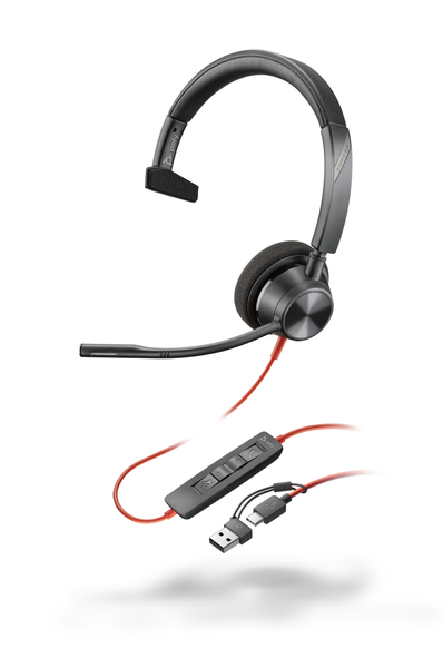 Poly Blackwire 3310 USB-C+USB-A 変換アダプタ付 片耳 有線モデル ノイズキャンセリングマイク搭載