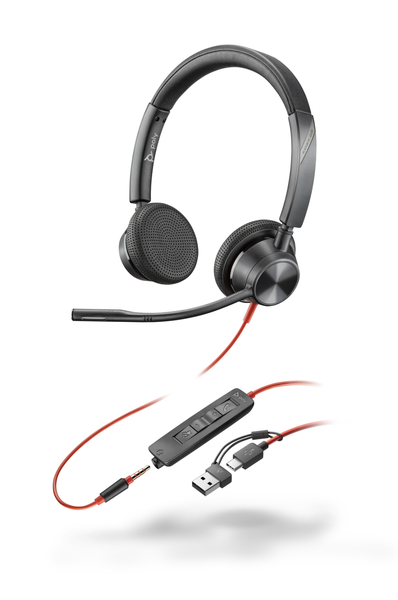 Poly Blackwire 3325 USB-C+USB-A 変換アダプタ付 両耳 有線モデル ノイズキャンセリングマイク搭載 レザレットイヤークッション 3.5mmジャック対応