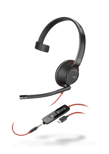 Poly Blackwire 5210 USB-C+USB-A 変換アダプタ付/バルクモデル 片耳 有線モデル ノイズキャンセリングマイク搭載 レザレットイヤークッション