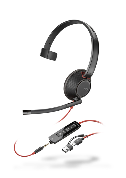 Poly Blackwire 5210 USB-C+USB-A 変換アダプタ付 片耳 有線モデル ノイズキャンセリングマイク搭載 レザレットイヤークッション