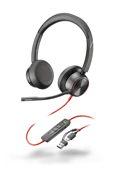 Poly Blackwire 8225 USB-C+USB-A 変換アダプタ付 両耳 有線モデル ノイズキャンセリングマイク搭載 レザレットイヤークッション
