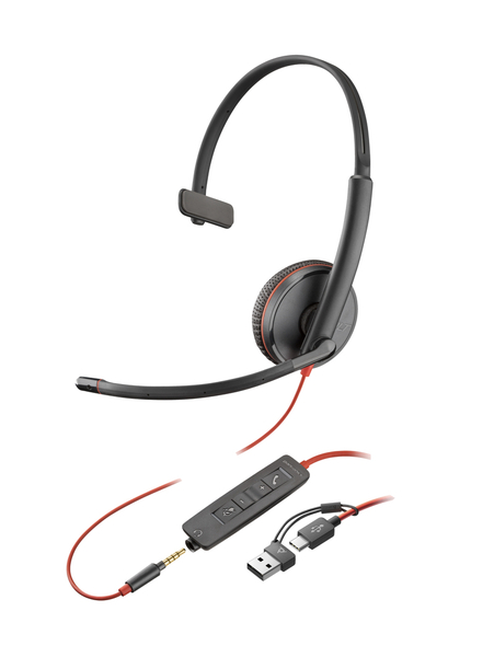 Poly Blackwire 3215 USB-C +USB-A 変換アダプタ付 片耳 有線モデル ノイズキャンセリングマイク搭載 レザレットイヤークッション 3.5mmジャック対応 バルクモデル