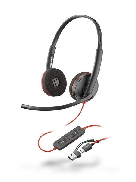 Poly Blackwire 3220 USB-C+USB-A 変換アダプタ付 両耳 有線モデル ノイズキャンセリングマイク搭載