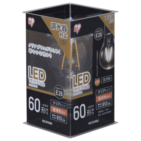 LEDフィラメント電球 E26 60形相当 電球色 調光クリア