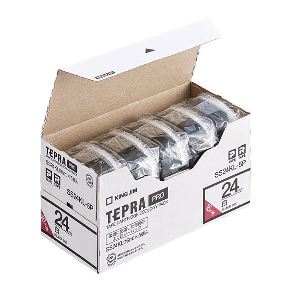 テプラPROテープカートリッジ エコパック（5個入り）ロングタイプ　白テープ/黒文字 24mm