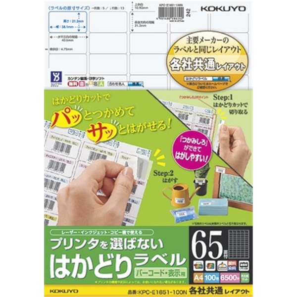プリンタを選ばない はかどりラベル（各社共通レイアウト) A4 65面 100枚