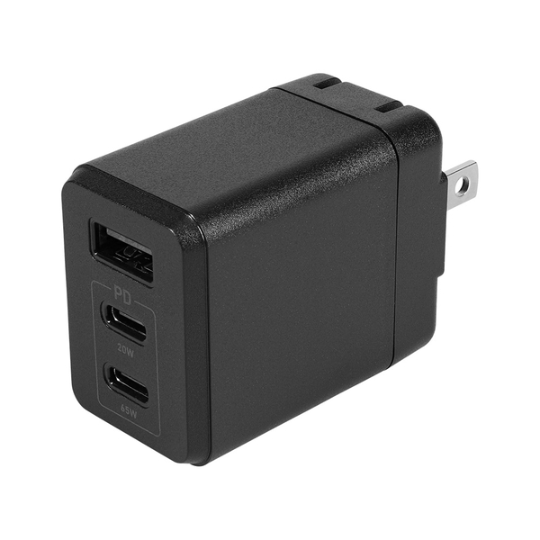 AC充電器/USB充電器/PD65W/窒化ガリウム/3ポート/Type-Cポート/Type-Aポート/ノートパソコン、タブレット、iPhone、iPod、モバイルバッテリー、スマートフォン/ブラック