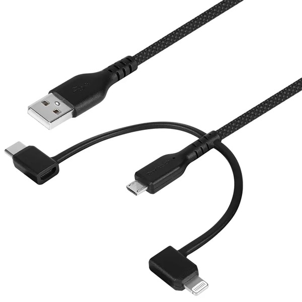 スマートフォン用USBケーブル/3in1/microUSB+Lightning+Type-C/MFi認証/超タフ/断線に強い/やわらか/1.5m/150cm/2.4A/ブラック
