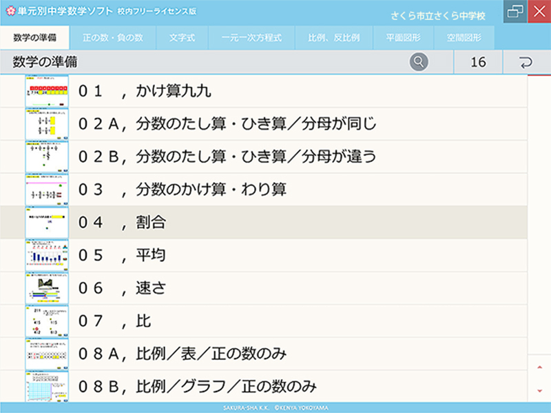 単元別中学数学ソフト 校内フリーライセンス版 数学の準備 ダウンロード版
